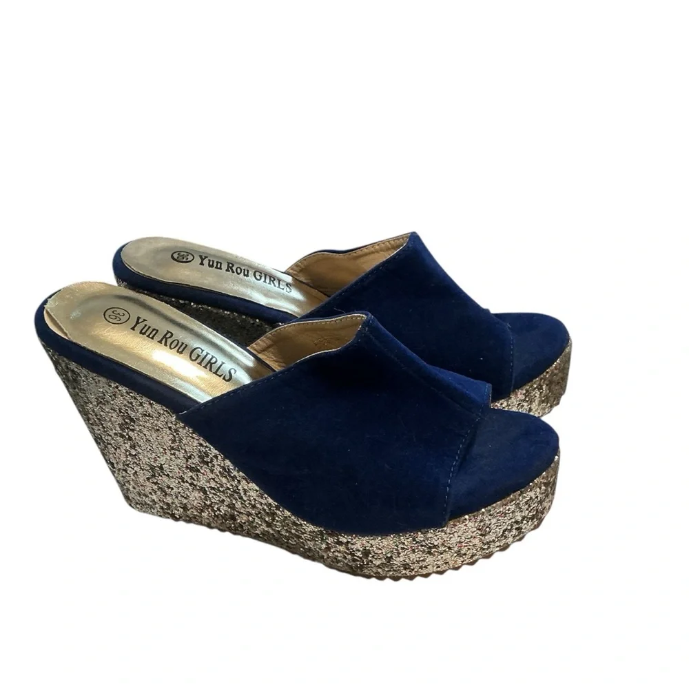YRU Blue Silver Sequin Platform Wedges Y2K Party Glam Retro Size 36/ US 5.5-6